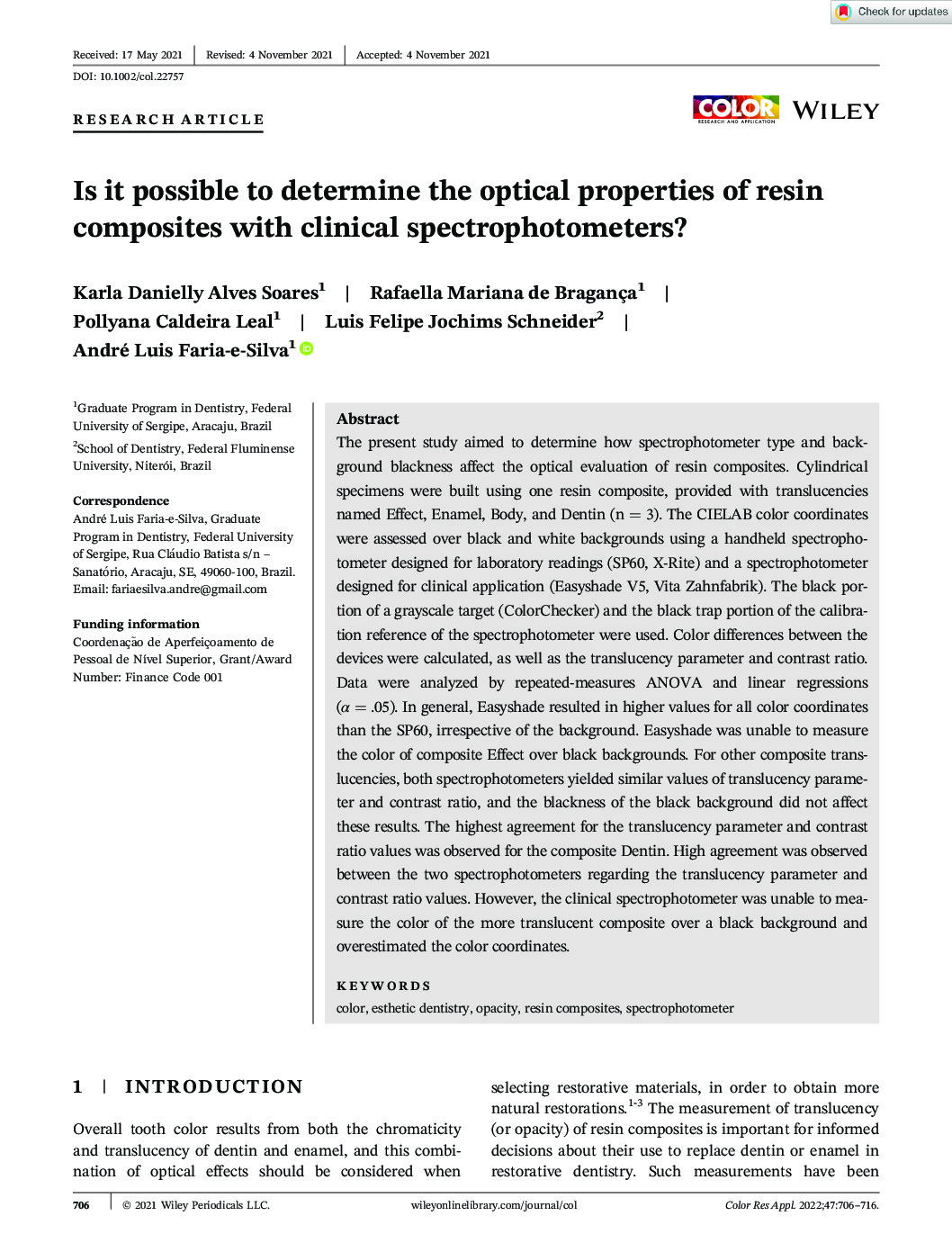 thumbnail of Color Research Application – 2021 – Soares – Is it possible to determine the optical properties of resin composites with